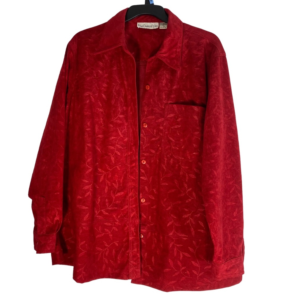 Vintage Womens Plus Size 16 Blue Diamond Floral Button Tunic Shirt Shacket Red